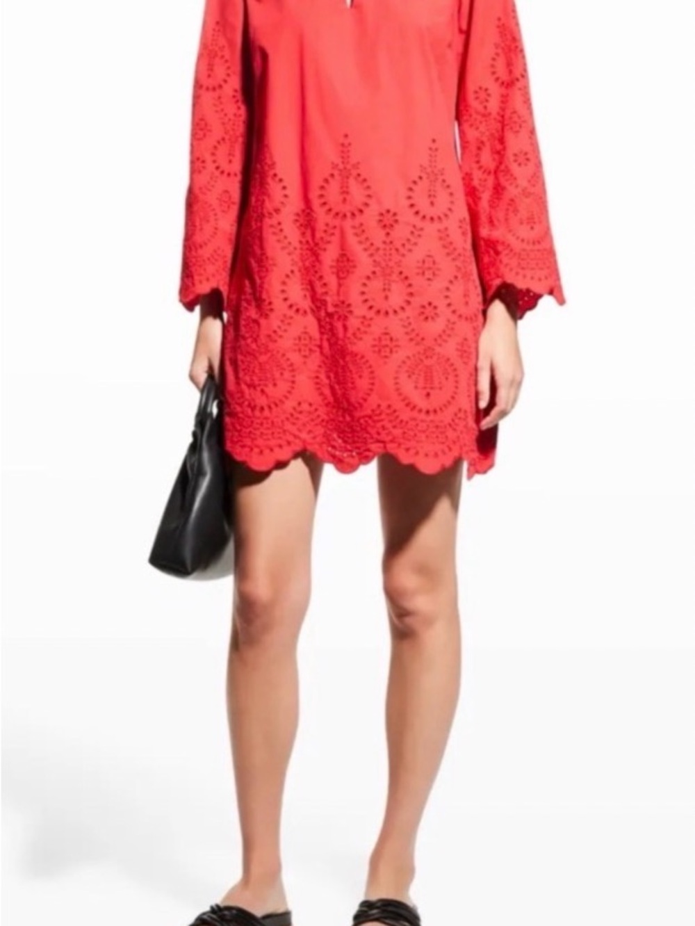 Johnny Was Sylvia Scalloped Red Eyelet Mini Shift Dress